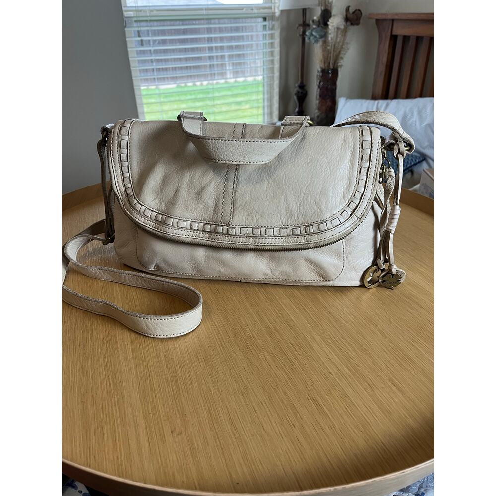 Lucky Brand | Vintage Large Fold Over Leather Satchel Crossbody Beige